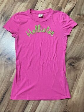 Y2K Hollister Pink Baby Tee Embroidered Green Script Logo Size S